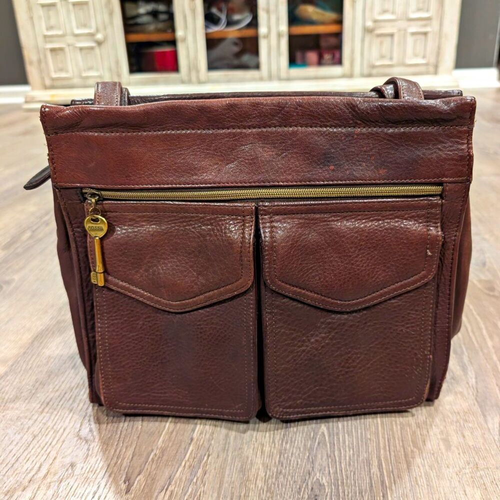 Vintage Fossil Brown Pebbled Leather Multi Pocket Shoulder Bag Tote Purse 75082
